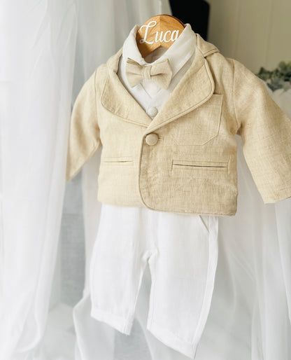 White linen vest suit with beige linen jacket and accessories