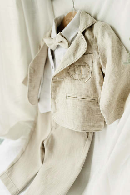 Boys white and beige linen set with vest, shirt, pants, suspenders and bowtie
