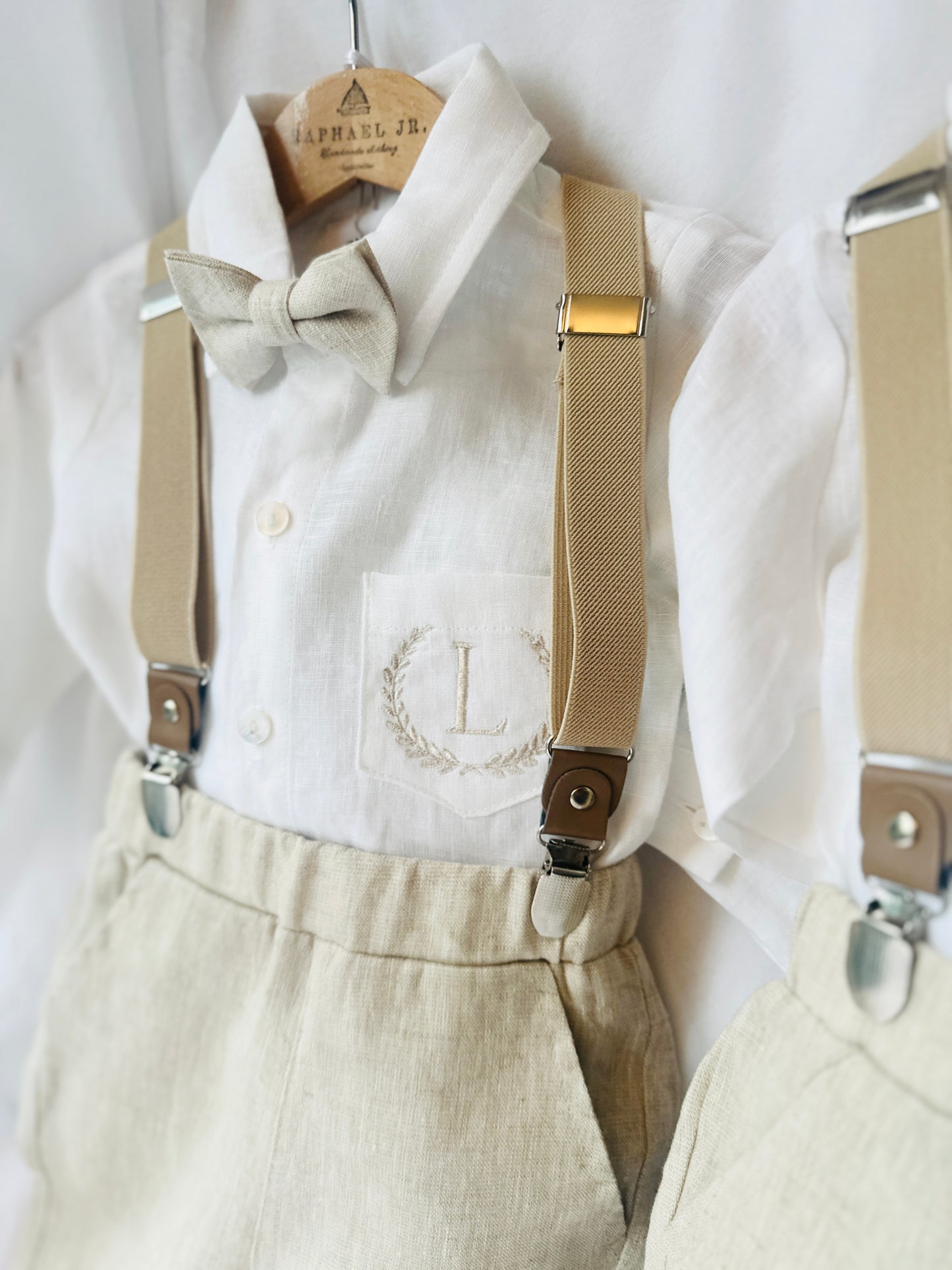 Beige linen pants and shirt set with bowtie and suspenders and optional personalisation