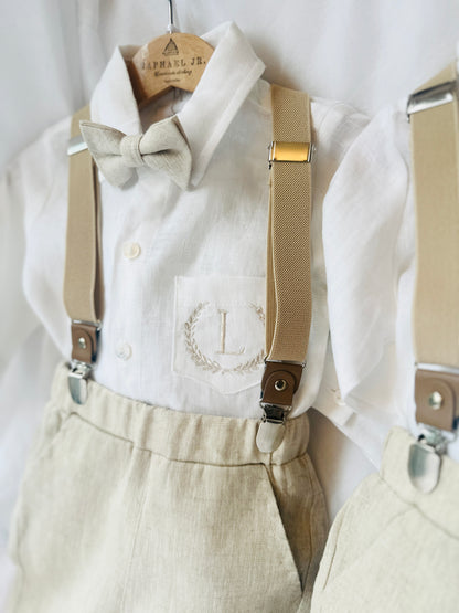 Beige linen pants and shirt set with bowtie and suspenders and optional personalisation