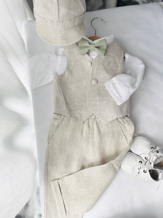 Beige linen set with vest, shirt, pants, suspenders and bowtie plus optional jacket, cap and shoes