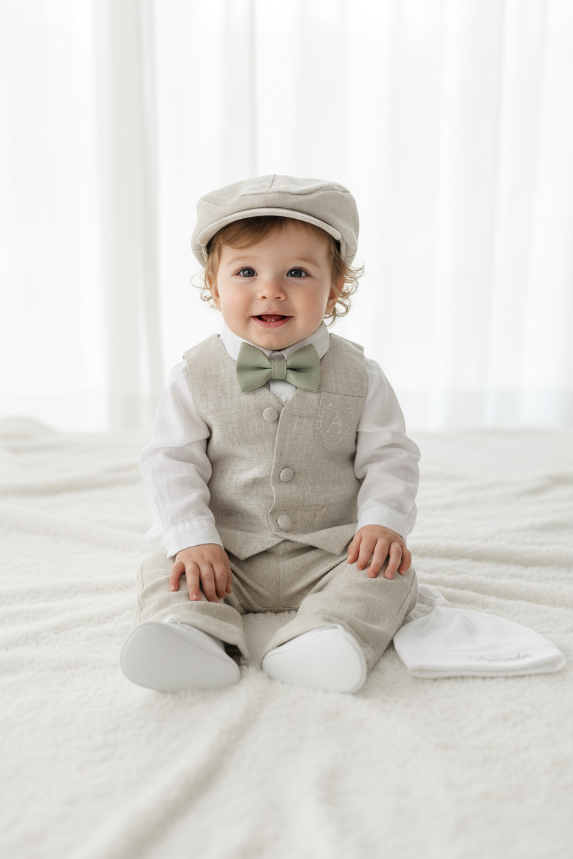 Beige Linen vest suit, shirt, pants, suspenders and bowtie plus optional jacket, cap and shoes