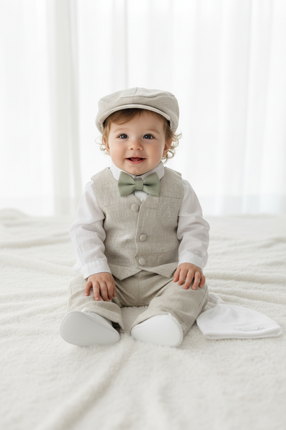 Beige Linen vest suit, shirt, pants, suspenders and bowtie plus optional jacket, cap and shoes