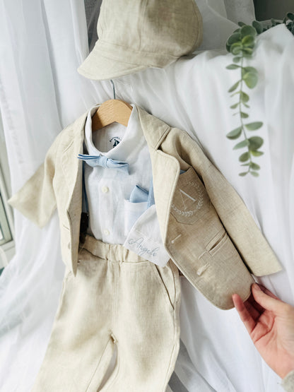 Beige Linen Summer Suit with navy blue accessories