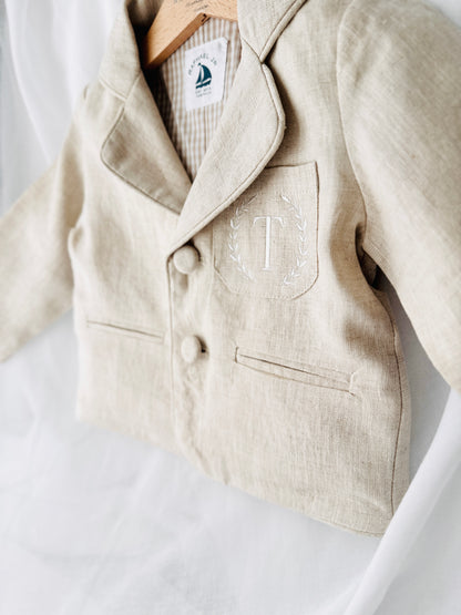 Beige Linen Summer Suit with navy blue accessories