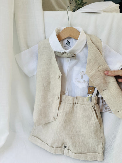 Beige Linen Shorts Shirt Suspenders and Vest set with Optional Cap Jacket and Embroidery