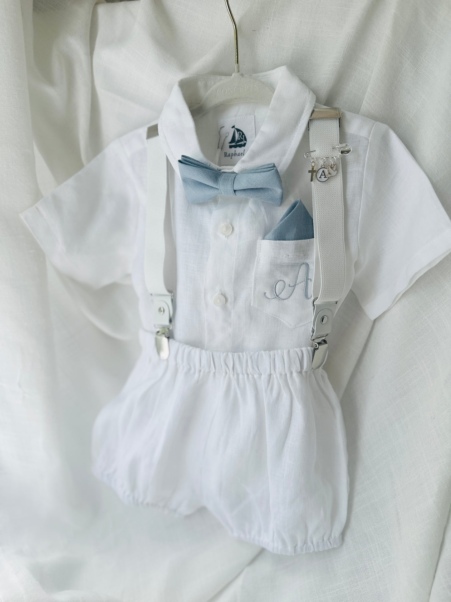 Baby and Toddler Boys white linen baptism outfit with bloomers, shirt, suspenders, bow tie