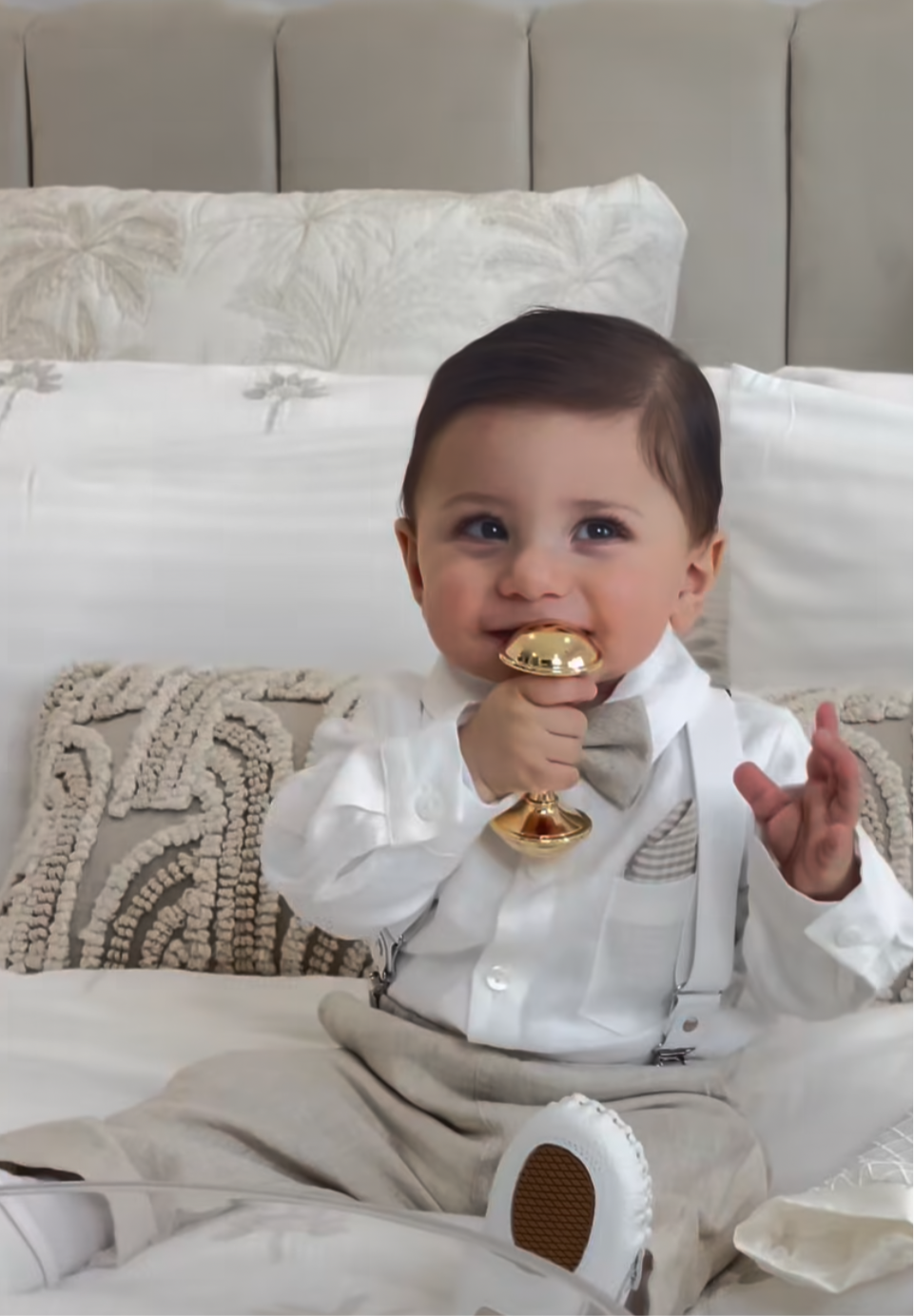 Beige linen pants and shirt set with bowtie and suspenders and optional personalisation