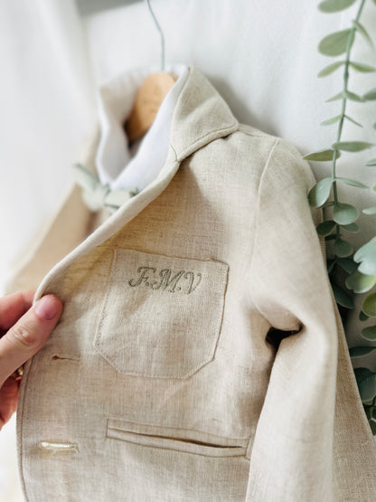White linen vest suit with beige linen jacket and accessories
