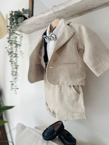 Beige Linen Summer Suit with navy blue accessories
