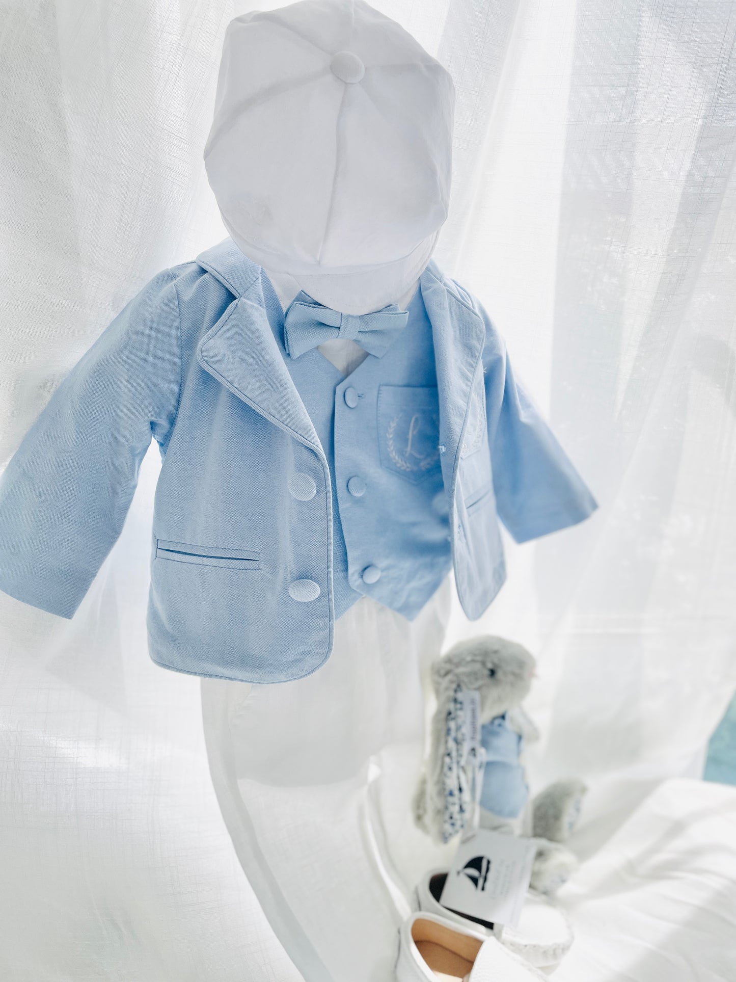 Boys pale blue and white Baptism outfit with blue vest, white linen suspender pants and shirt