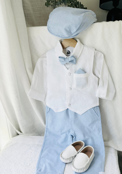 Boys pale blue and white set with vest, pants, linen shirt, bowtie and suspenders, plus optional jacket cap and shoes