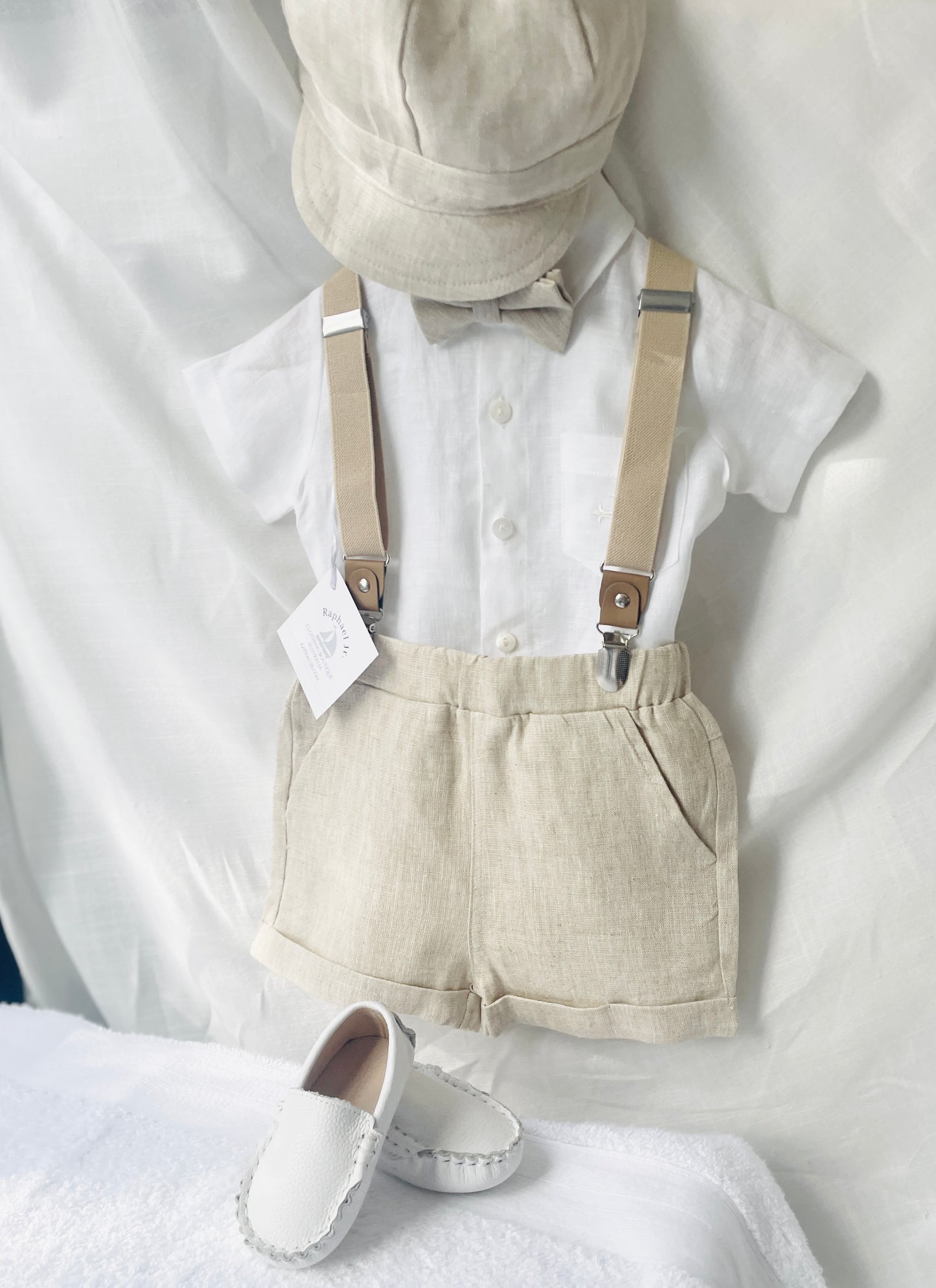 Beige linen summer set with shorts, shirt, suspenders and bow tie plus optional extras