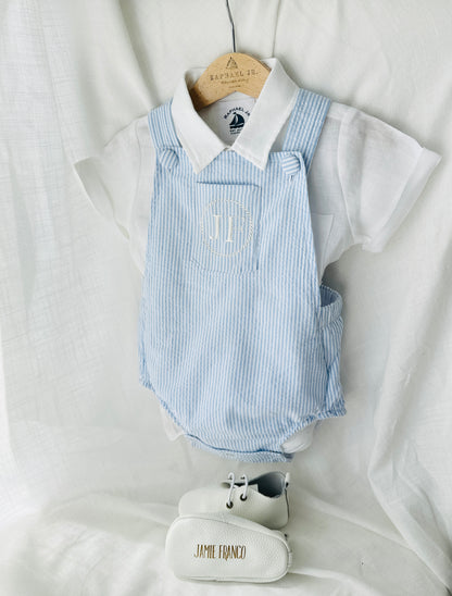 Boys Blue or white Birthday romper overalls Peter Rabbit