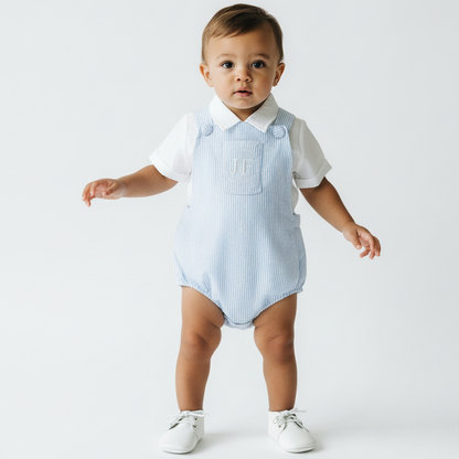 Baby and Toddler boys blue and white linen baptism and birthday romper and shirt set