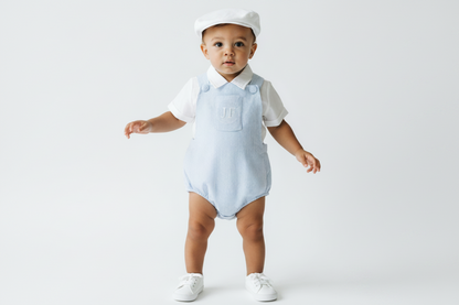 Baby and Toddler boys blue and white linen baptism and birthday romper and shirt set