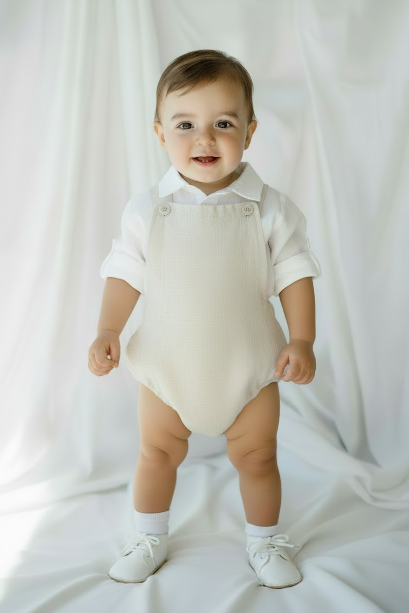 Beige linen baptism and birthday romper and shirt set