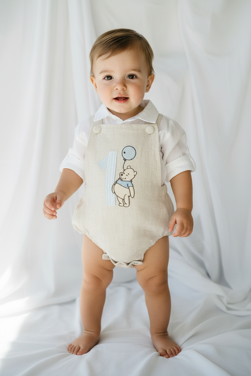 Beige and white linen and cotton baptism romper and linen shirt set
