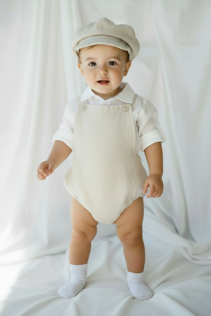 Beige and white linen and cotton baptism romper and linen shirt set