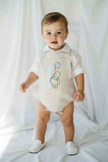 Beige linen baptism and birthday romper and shirt set
