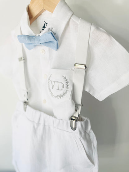White linen summer Baptism outfit with shorts shirt and suspenders and optional pale blue jacket