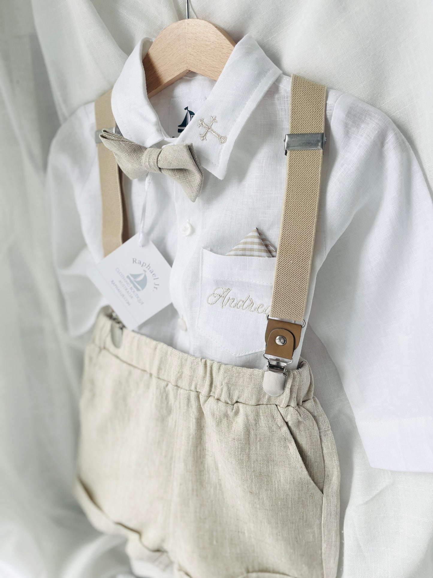 Pale blue and Beige linen summer set with blue vest, white shirt, beige shorts, suspenders and blue bow tie