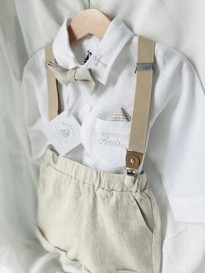 Beige Linen Baptism outfit with suspender shorts, shirt, and bow tie plus optional jacket and embroidery