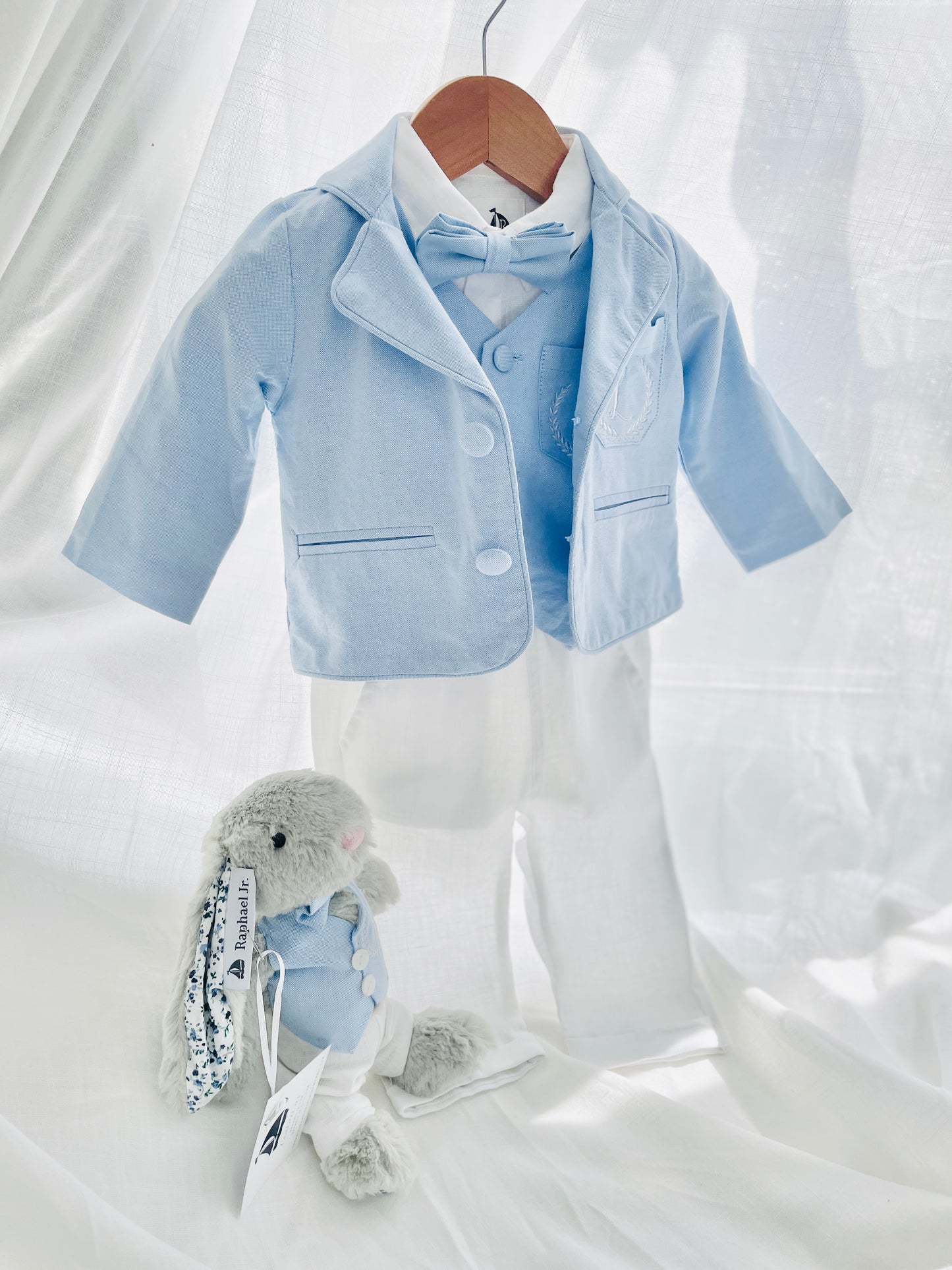 Boys pale blue and white Baptism outfit with blue vest, white linen suspender pants and shirt