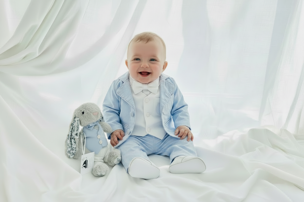Boys pale blue and white set with vest, pants, linen shirt, bowtie and suspenders, plus optional jacket cap and shoes