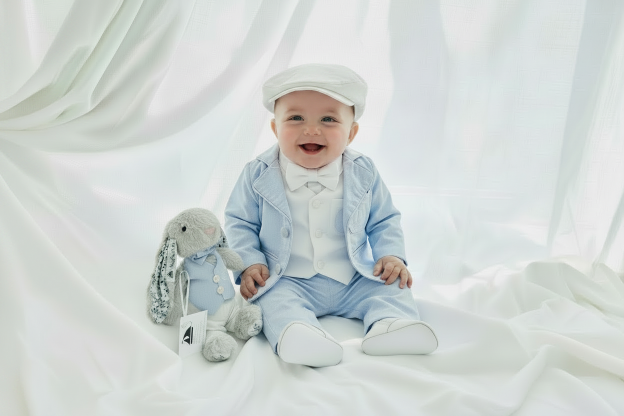 Boys pale blue and white set with vest, pants, linen shirt, bowtie and suspenders, plus optional jacket cap and shoes