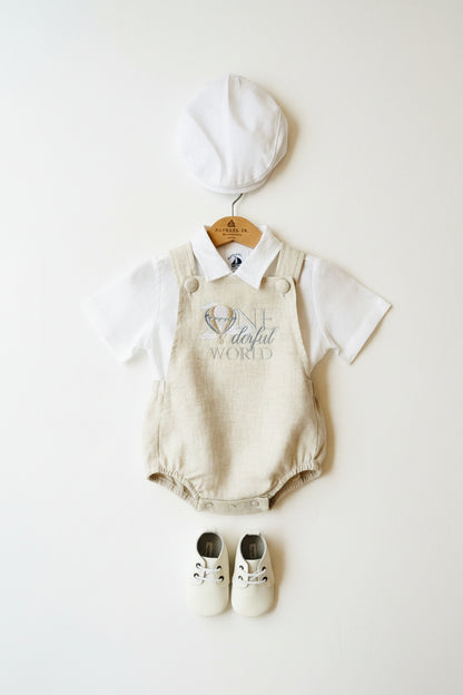 Beige linen baptism and birthday romper and shirt set