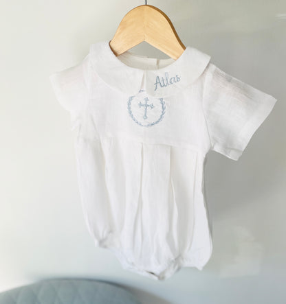 Linen Baptism peter pan collar bubble romper with optional embroidery customisation