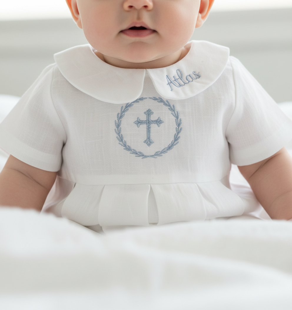 Linen Baptism peter pan collar romper outfit with optional embroidery customisation