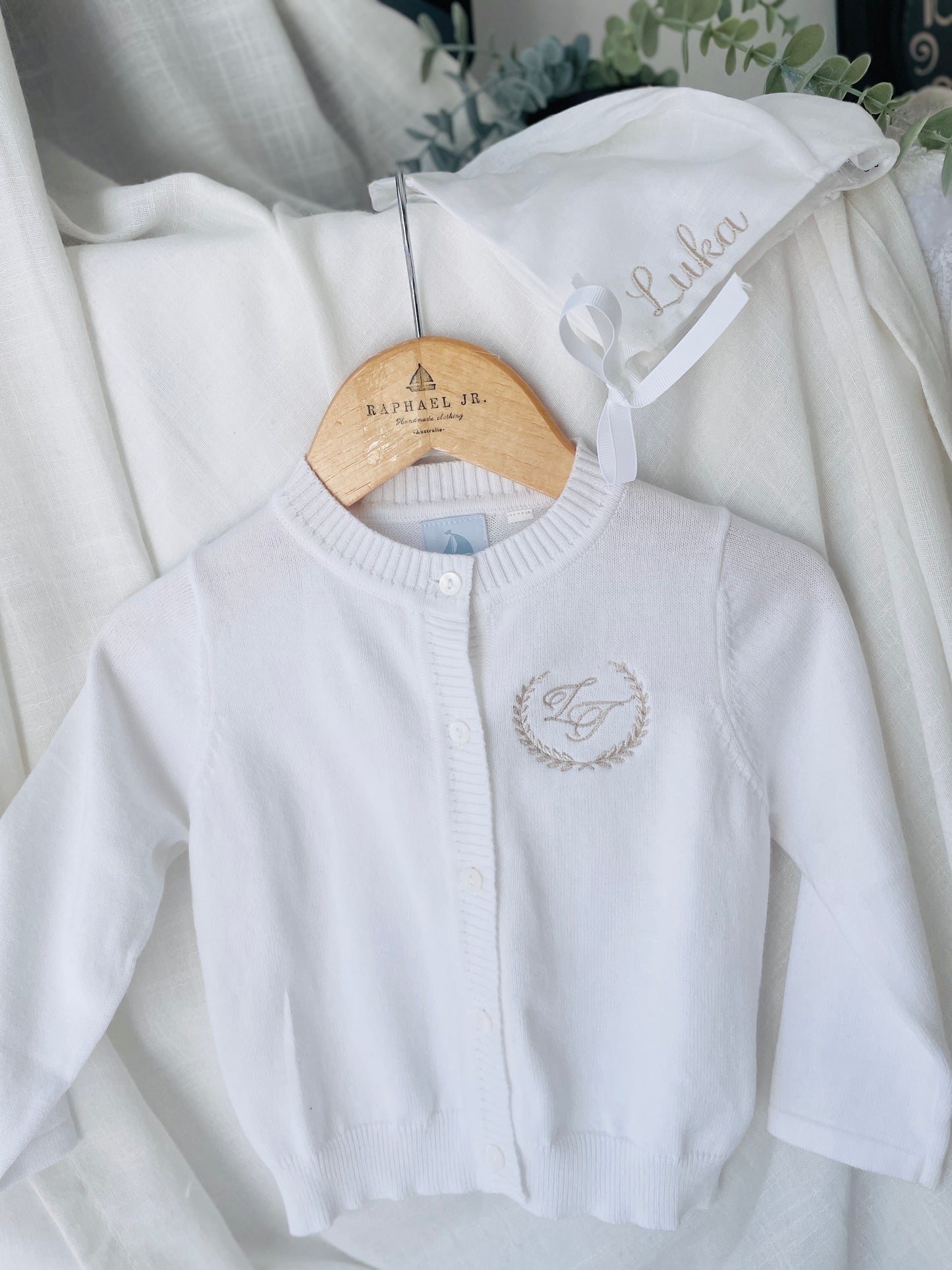 Linen Baptism peter pan collar bubble romper with optional embroidery customisation