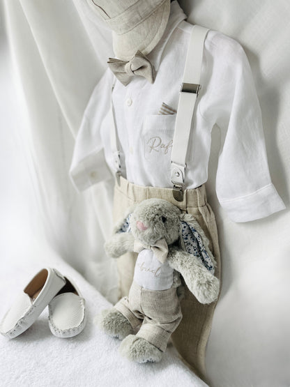 Beige linen pants and shirt set with bowtie and suspenders and optional personalisation