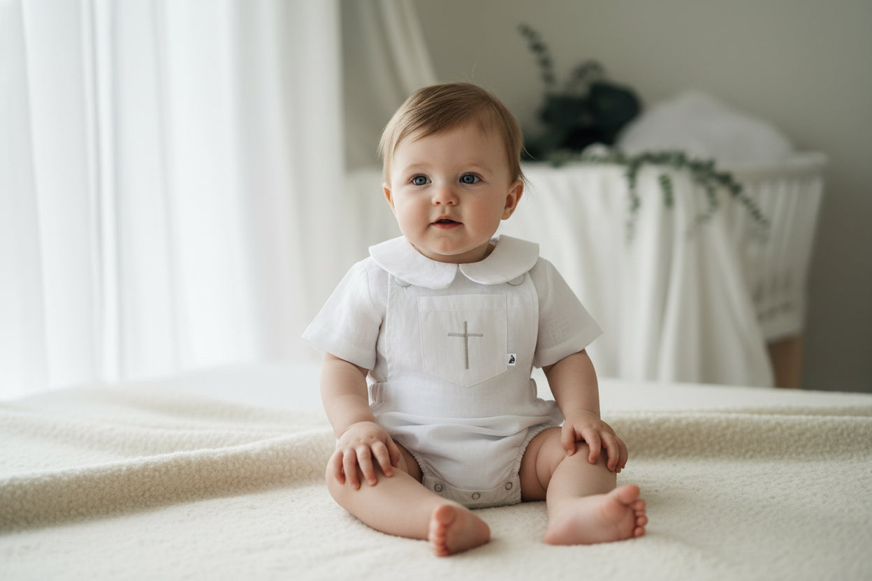 Boys Beige Linen First Birthday romper overalls wild one safari