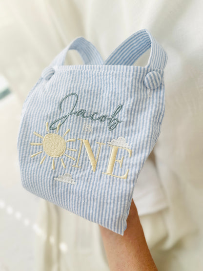 Boys White Linen First Birthday overalls romper one silly goose onederful world oneder the sea teddy car balloons and more