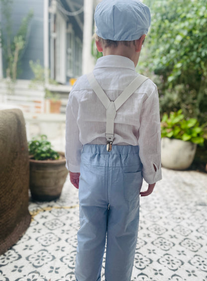 Boys pale blue and white set with vest, pants, linen shirt, bowtie and suspenders, plus optional jacket cap and shoes