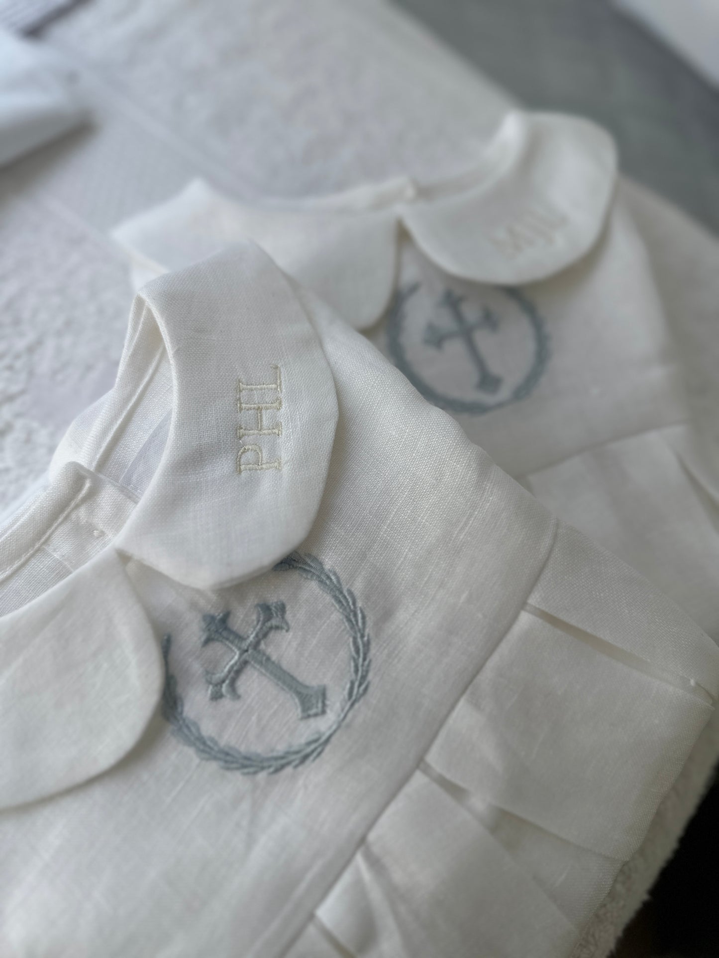 Linen Baptism peter pan collar bubble romper with optional embroidery customisation