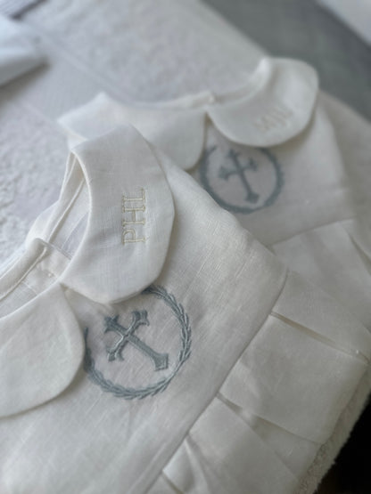 Linen Baptism peter pan collar bubble romper with optional embroidery customisation