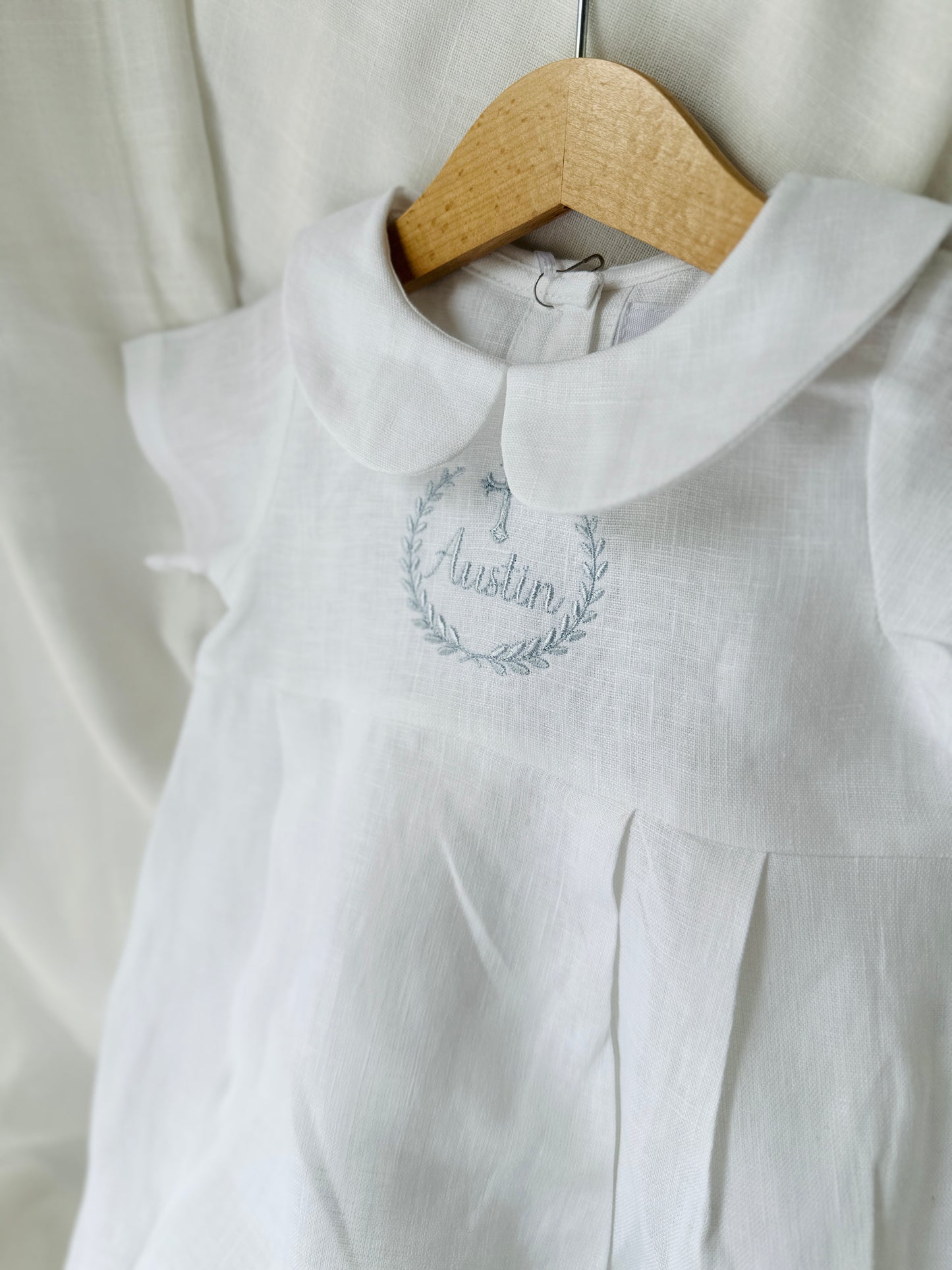 Linen Baptism romper dungaree jumpsuit with optional cardigan and embroidery