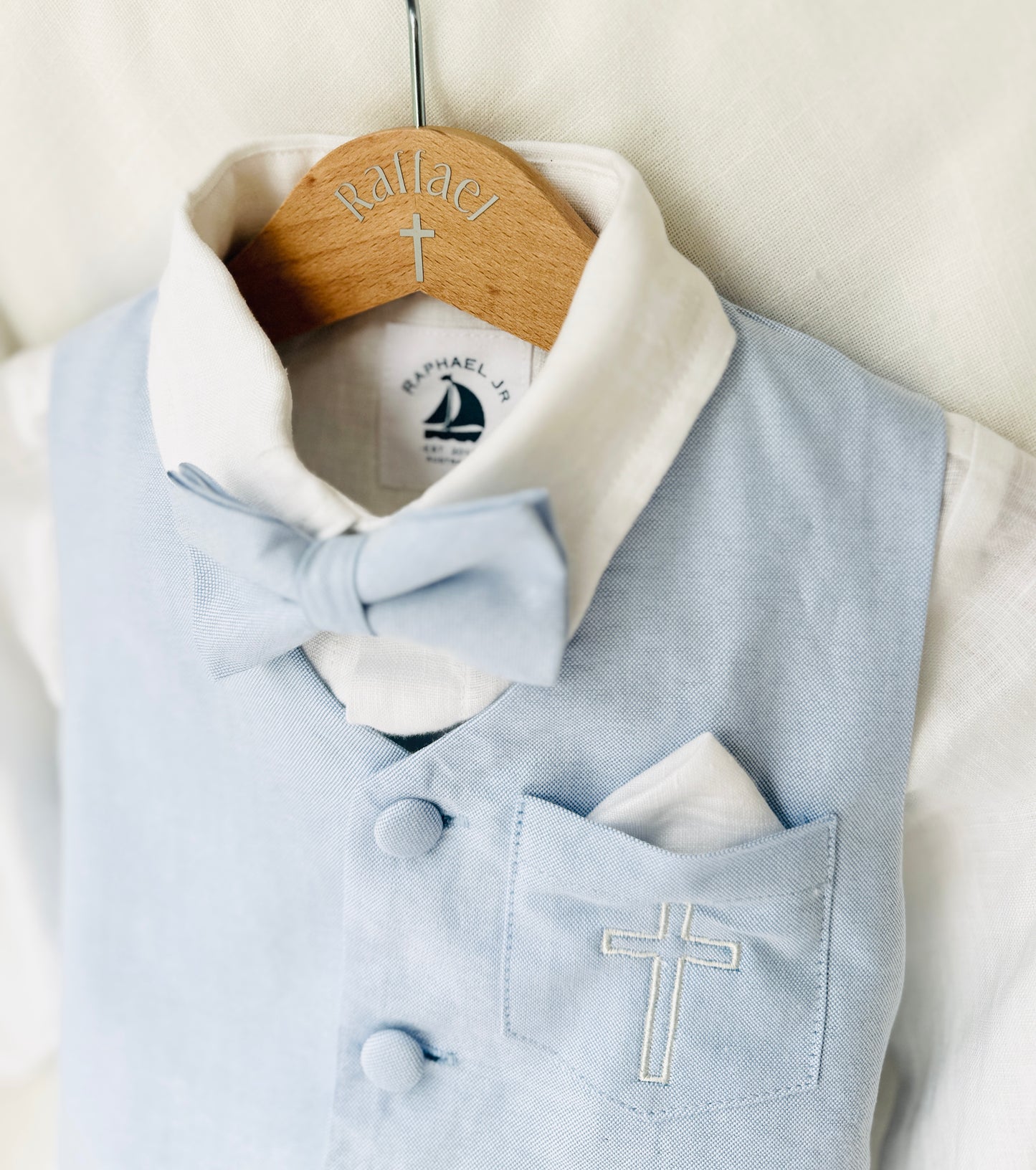 Pale blue summer vest set with blue vest, suspender shorts white shirt and blue blazer