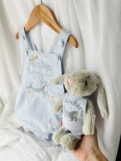 Boys White Linen First Birthday overalls romper one silly goose onederful world oneder the sea teddy car balloons and more