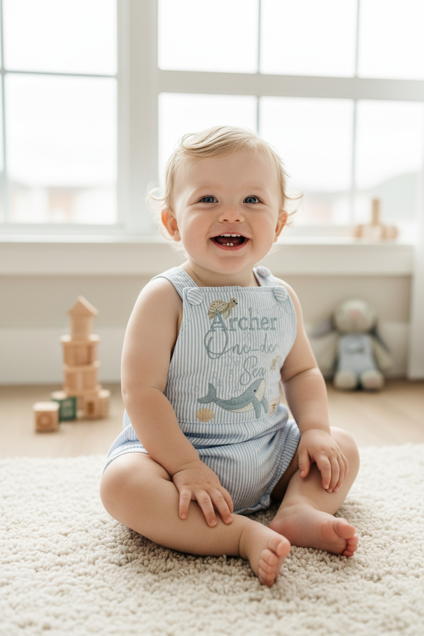 Baby and Toddler boys blue and white linen baptism and birthday romper and shirt set