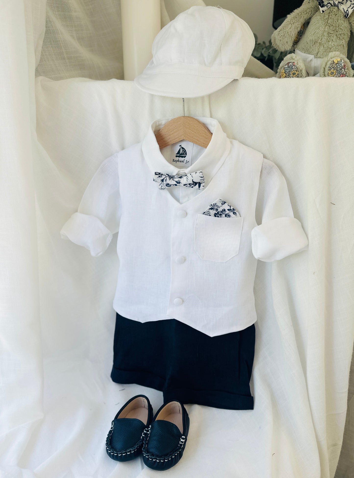 White linen vest and navy shorts summer set
