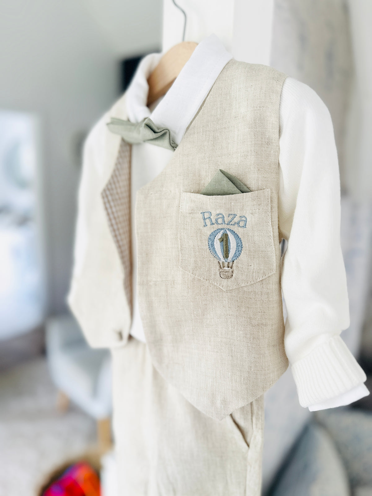 White and Beige Linen set with vest, shirt, pants, suspenders and bowtie plus optional jacket, cap and shoes