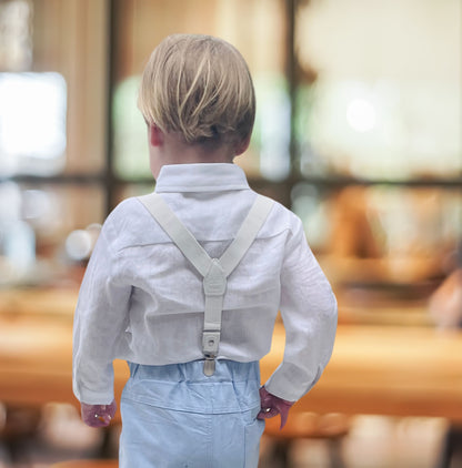 Blue chambray set with blue pants, white linen shirt, white, blue or beige suspenders and blue bow tie