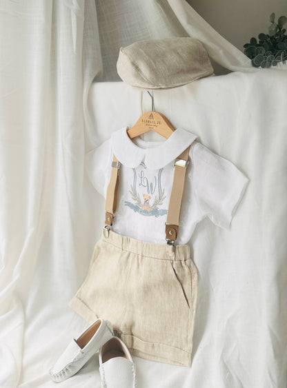 Beige and white linen Birthday and Baptism blouse with suspender shorts set