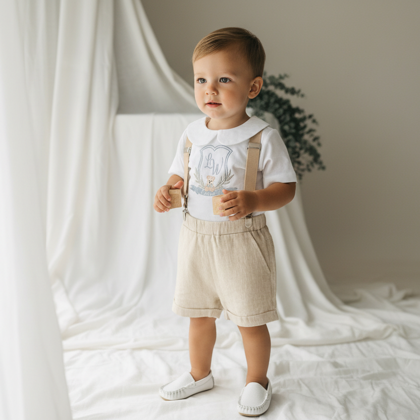 Blue and white linen Birthday and Baptism blouse with suspender shorts set
