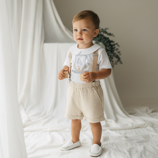 Beige and white linen Birthday and Baptism blouse with suspender shorts set